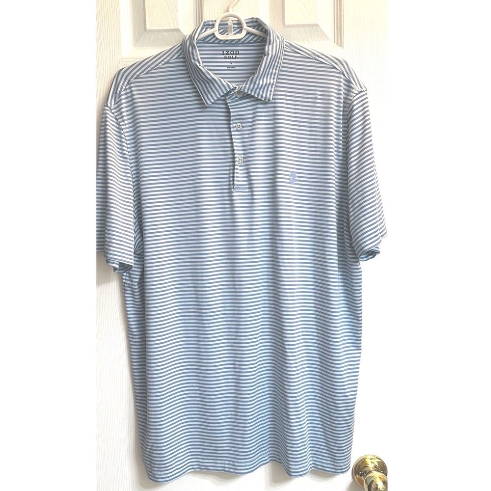 IZOD Golf Mens Large Blue White Striped Short Sleeve Performance Polo Shirt